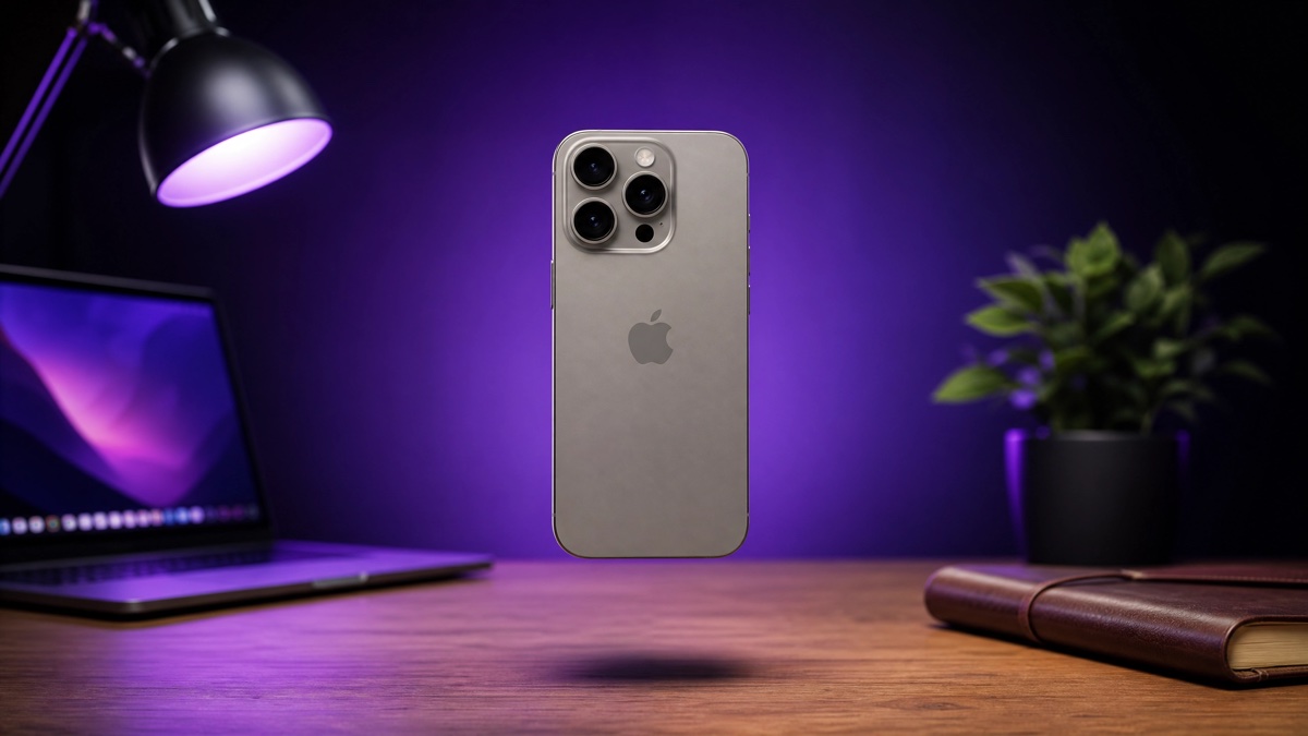 iPhone com interface do Apple Intelligence em fundo roxo profundo — quando o recurso chega ao Brasil