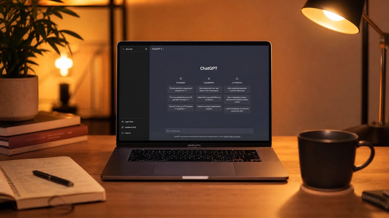 Notebook com ChatGPT aberto sobre mesa de trabalho com caderno e café — guia de produtividade
