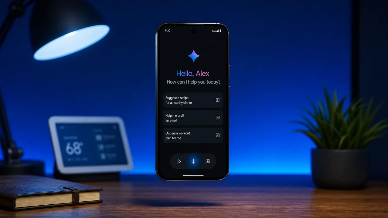 Interface do Gemini no Android em fundo azul profundo
