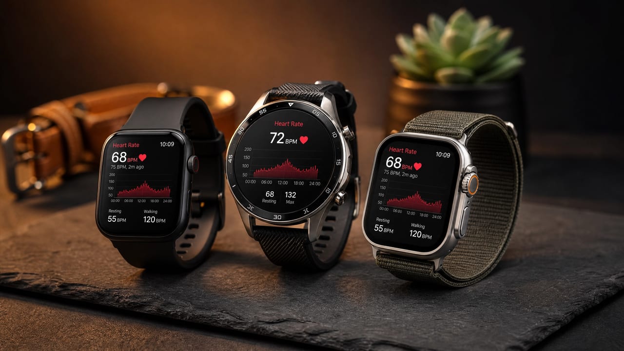 Seleção dos melhores smartwatches de 2026 sobre superfície escura — guia completo de compra