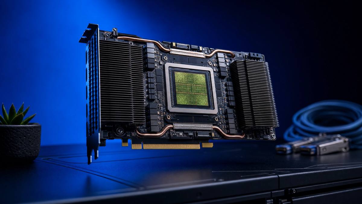 Workstation com GPUs em fundo azul profundo — Nemotron 3 Ultra NVIDIA
