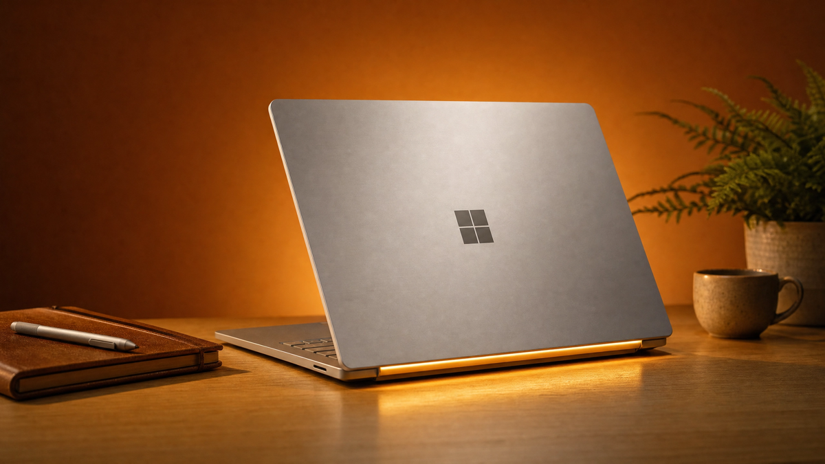 Surface Laptop Ultra sobre mesa com fundo âmbar — Computex 2026