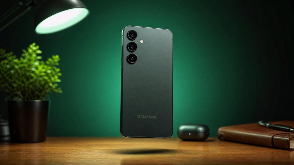 Samsung Galaxy S25 em destaque sobre fundo verde esmeralda — review completo do smartphone no Brasil